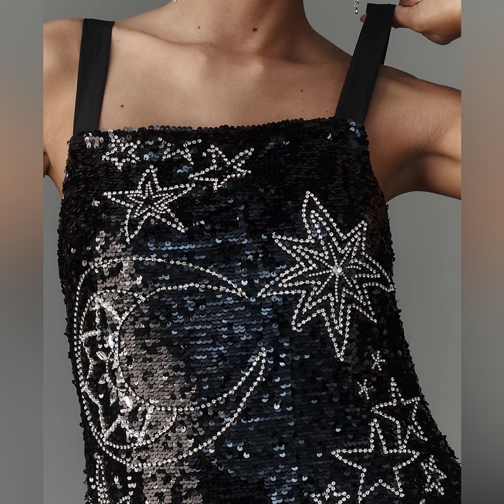 NWT ANTHROPOLOGIE SQUARE-NECK SEQUIN & RHINESTONE MINI SHIFT BLACK DRESS Sz: XXS - Picture 6 of 9